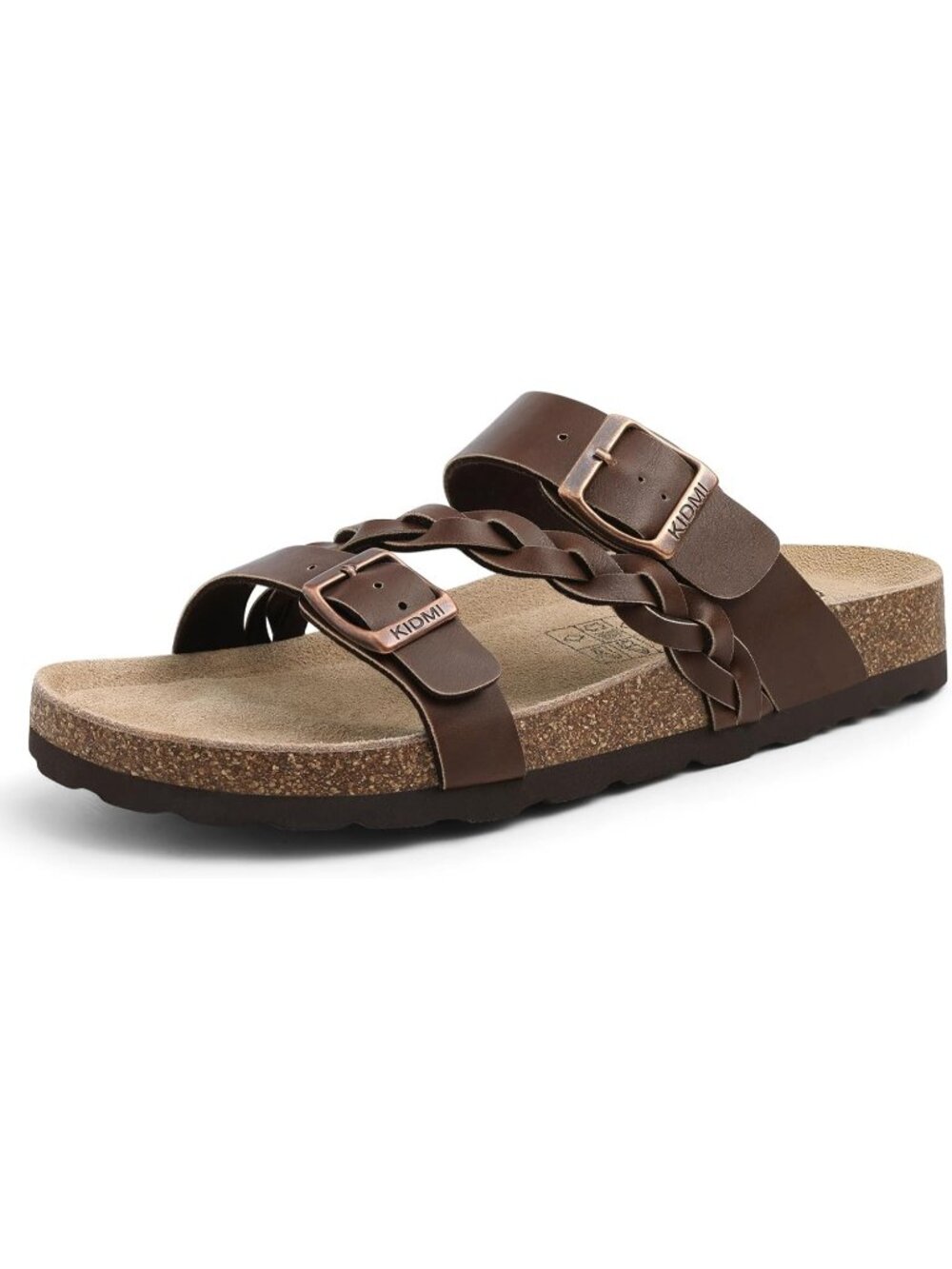 Women's Brown Matte Slide Sandals Cork Footbed Slip-On Adjustable Buckle Shoes